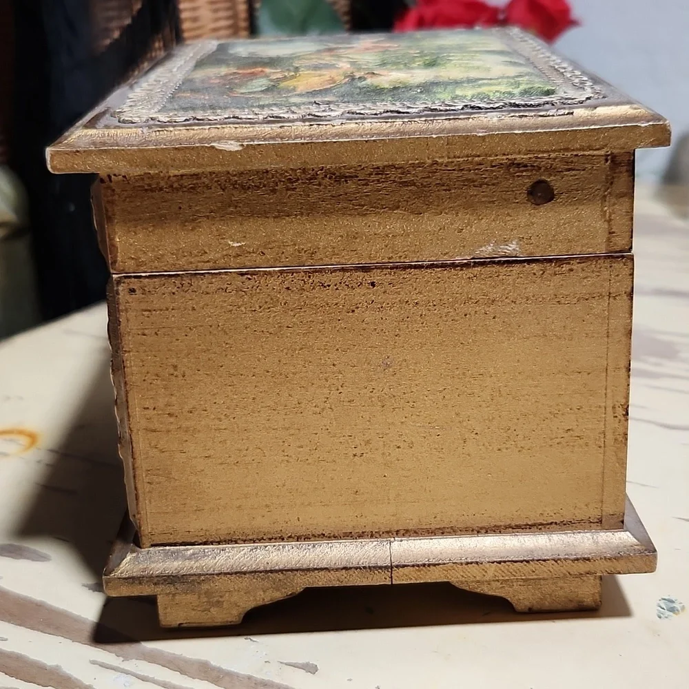 VINTAGE Wood Wind Up Music Jewelry Box Silky Print Antoine Watteau Foote…